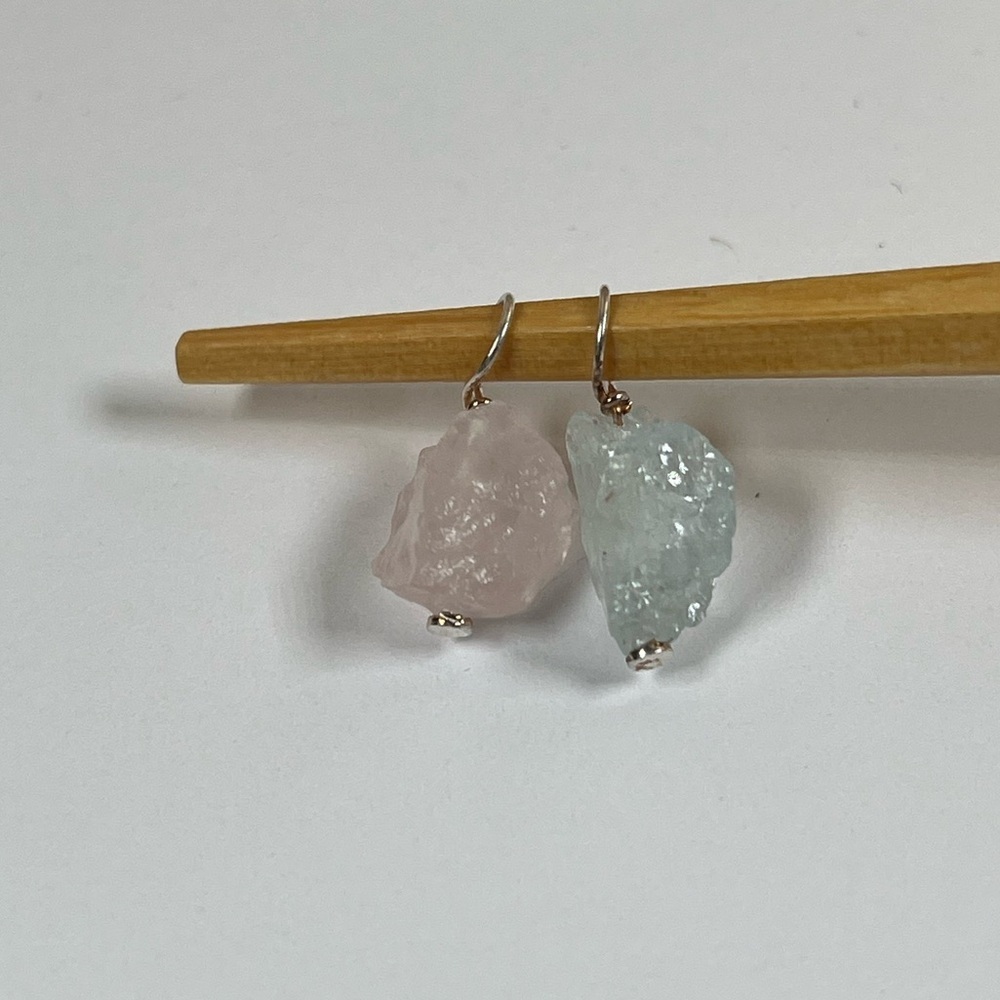 Set of 2 Sterling Silver Aquamarine Rose Quartz Gemstone Charm Pendants - Picture 6 of 6
